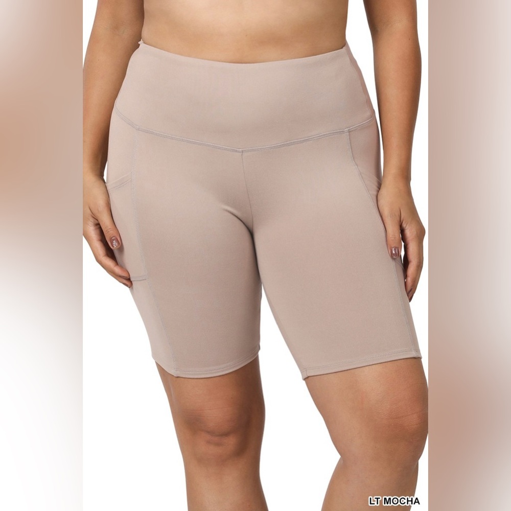 Zenana Microfiber Activewear Bike Shorts Tan Nude Plus Size Stretch Pocket 1X
